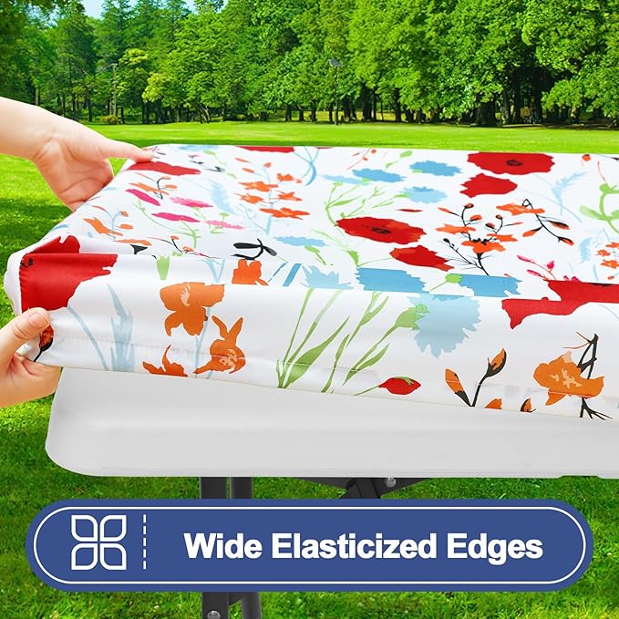 Smiry Picnic Table Cover with Bench Covers, Waterproof Elastic Fitted Tablecloth for 6 Foot Tables, Washable Polyester Tablecloths for Camping, Indoor & Outdoor (Flower, 30x72 Inch 3-pc Set)