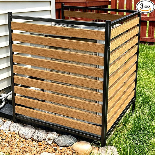 Metal Air Conditioner Fence 3 Panels - 40.27" W x 54.6" H Outdoor Privacy Screen, No Dig Wooden Privacy Screen for AC Unit, Trash Can, Pool Equipment, Yard Garden,Brown
