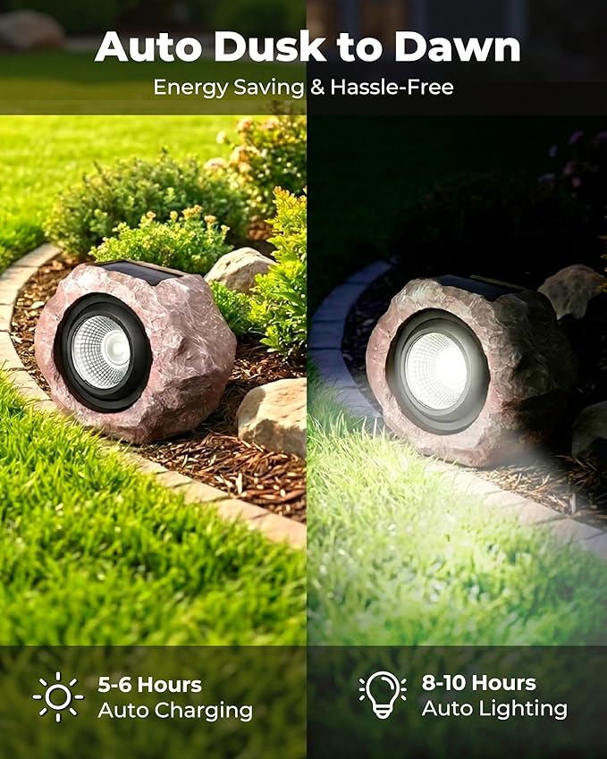 2 Pack Solar Rock Lights Outdoor, Angle Adjustable Solar Lights Outdoor Waterproof, LED Solar Garden Lights, Auto On/Off Landscape Lighting for Yard Pathway Patio Flower Bed - White Glow (Stone Brown)