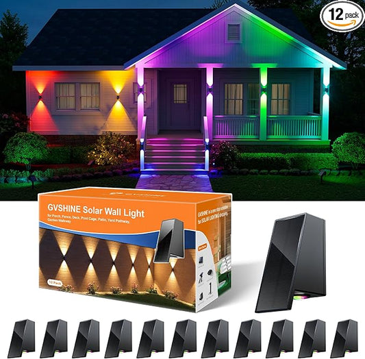 12 Pack Color Changing Solar Powered Fence Lights Outdoor Waterproof Wall Mount LED RGB Ambiance Lamps for Outside Pool Cage, Patio, Deck, House, Garden, Yard Decorative with 8 Colorful Lighting Modes