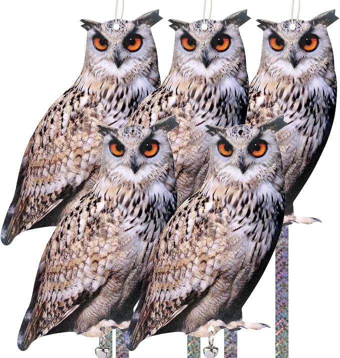 5 Pack Owl Scare Reflective Hanging Owl Decoration, Effective Animal Control Device to Scare Pigeons and Woodpeckers Away from Patio and Garden