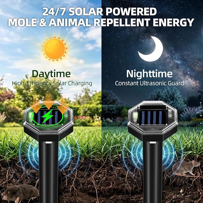 2026 New Mole Repellent Solar Powered, Ultrasonic Gopher Repellent Snake Repellent for Yard Lawn Garden, Waterproof Vole Groundhog Chipmunk Armadillo Squirrel Rodent Deterrent Stakes,8 Pack