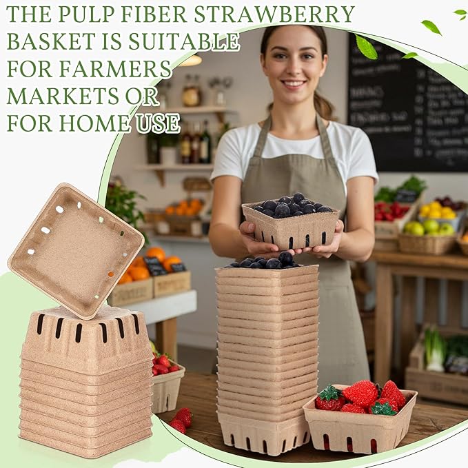 Reallnaive 20 Pack Natural Pulp Fiber Berry Baskets 1/2 Pint, Small Molded Produce Vented Basket for Strawberry, Blueberry, Raspberry, Vegetables, Farmers Market, Fruit Picking, Garden Harvest, Party