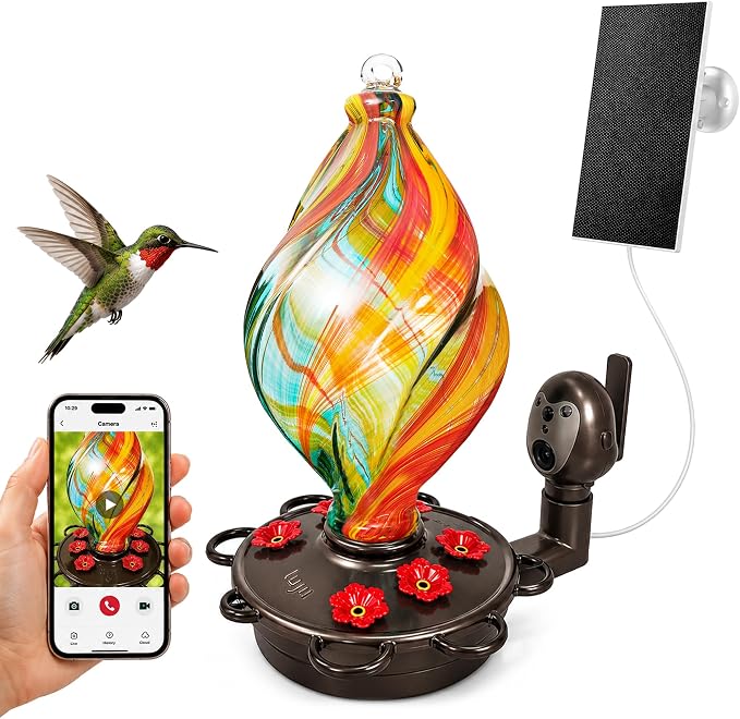 LUJII Smart Hummingbird Feeder with Camera for Outdoor Hanging, Hand Blown Glass, Solar WiFi Feeder with Live View App, 6 Feeding Ports, Leak-Resistant Design, Ant Moat & Gift Box, 28 fl oz, Ribbion