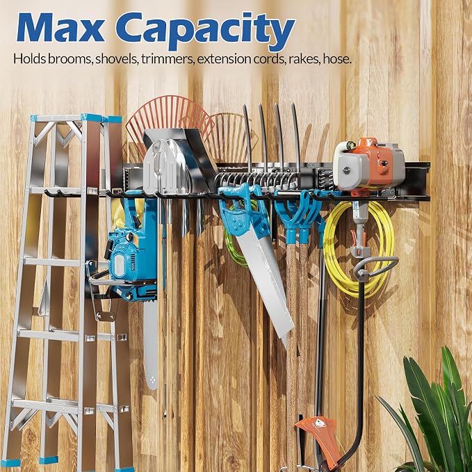 Volitaous 48Inch Garage Garden Tool Organizer Wall Mount, Heavy Duty Garage Tool Storage Rack, Adjustable Mix 9PC Metal Hooks, Rake Hangers Yard Tool Organizer Rack, Max 300Lbs