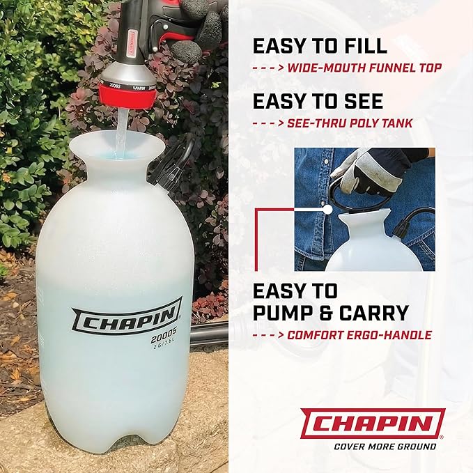 Chapin 20005 Pump Sprayer, 2‑Gallon, Lawn & Garden, Translucent Poly Tank, Funnel‑Top, SureSpray, Adjustable Cone Nozzle & 34" Hose for Fertilizer, Weed & Pest Application