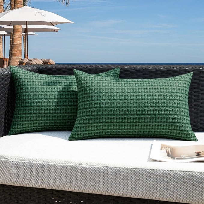Kevin Textile Outdoor Waterproof Throw Pillow Covers Pack of 2 Farmhouse Decorative Cushion Covers for Garden Patio Tent Balcony Bench Couch Sofa 12x20 Inch, Dark Green