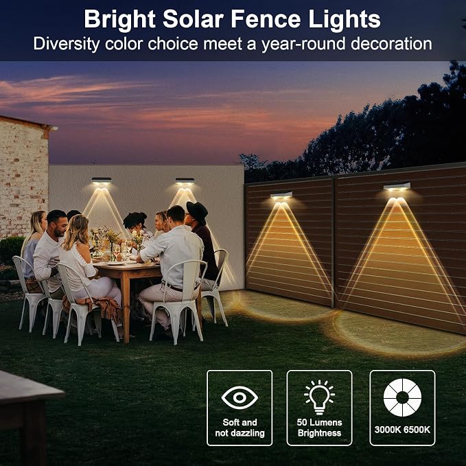 Solar Fence Lights Outdoor 8 Pack, Stainless Steel & IP65 Waterproof, 8 Lighting Modes High Brightness LED Spot Lens Deck Lights Dusk to Dawn for Backyard Stair Railing Patio Wall