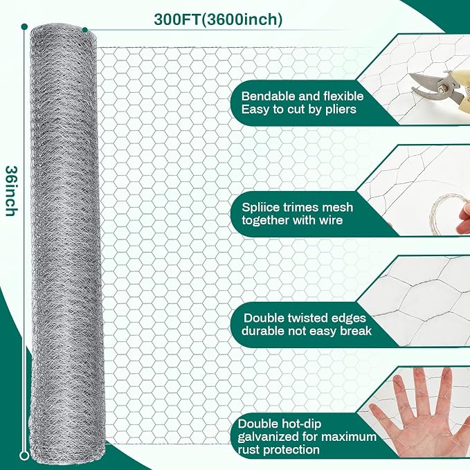 GlikCeil 36 in x 300 ft Chicken Wire Mesh Fencing for Floral Garden, 23 Gauge Silver Galvanized Steel Wire, 1 Inch Hexagonal Hardware Cloth Netting for Farm Crafts Poultry Coop Barrier Rabbit Cage