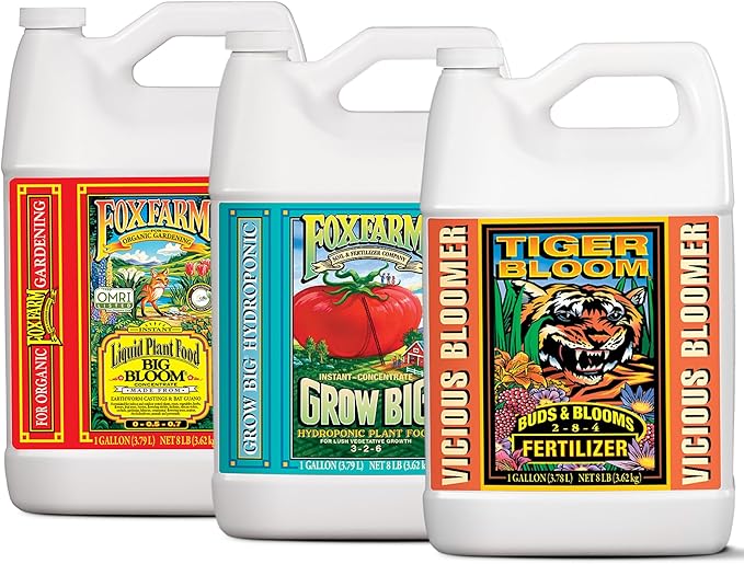 FoxFarm Hydro Liquid Trio Pack - Big Bloom, Grow Big Hydroponic, Tiger Bloom Fertilizers for Plant Growth, Bud Development & Abundant Fruit - Complete Hydroponic Plant Food Set - 3 Gallon Bottles