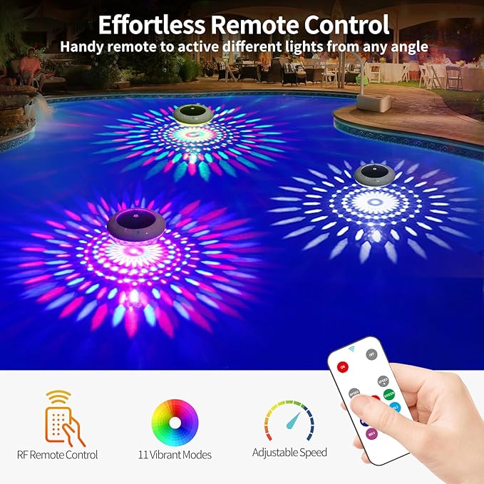 Floating Pool Lights w/Remote, 6.5 Inch RGB Color Changing Solar Pool Lights that Float with 9 Dynamic Lighting, IP68 Waterproof Hangable Solar Floating Light for Pool Garden Weeding Decor(2)
