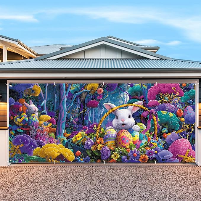 7 * 16FT Summer Garage Door Cover Decorations Sunset Palm Trees Garage Door Banner for Outdoor Indoor Summer Party Photography Backdrop (easter bunny, 7 * 16 ft)