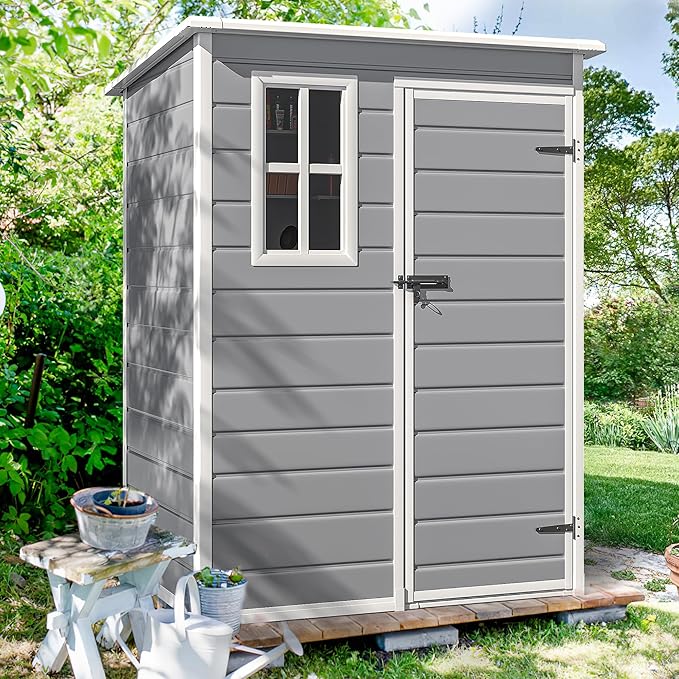 DWVO 5x3 FT Outdoor Storage Shed with Reinforced Floor, All-Weather Resin Storage Shed with Window & Lockable Door, Waterproof Plastic Tool Storage for Garden Patio