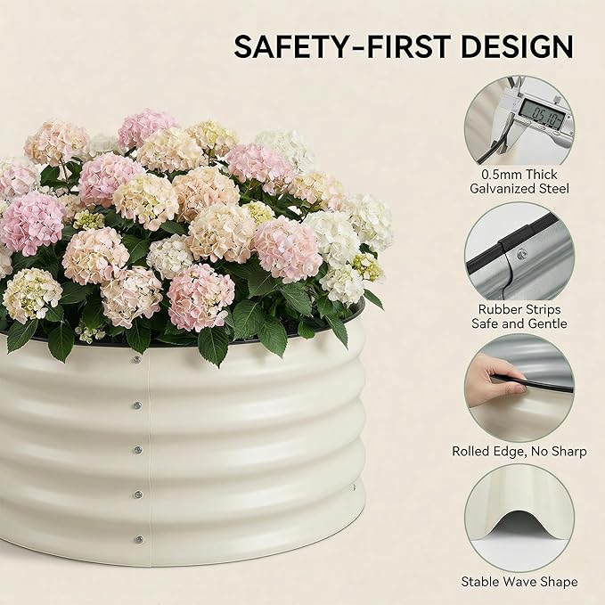 Sponvatt 2 Pcs Round Galvanized Raised Garden Bed Kit 24 x 12 Inch Metal Planter Box Outdoor with Safety Rubber Edge Trim Rust Proof Weather Resistant Circular Steel Garden Beds White 12 Inch Deep