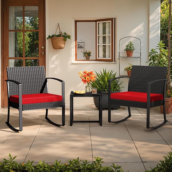 Greesum 3 Piece Outdoor Bistro Set, Imitation Rattan Conversation Set, Patio Furniture with Glass Top Coffee Table for Pool, Deck, Porch, Garden or Balcony, Bright Red