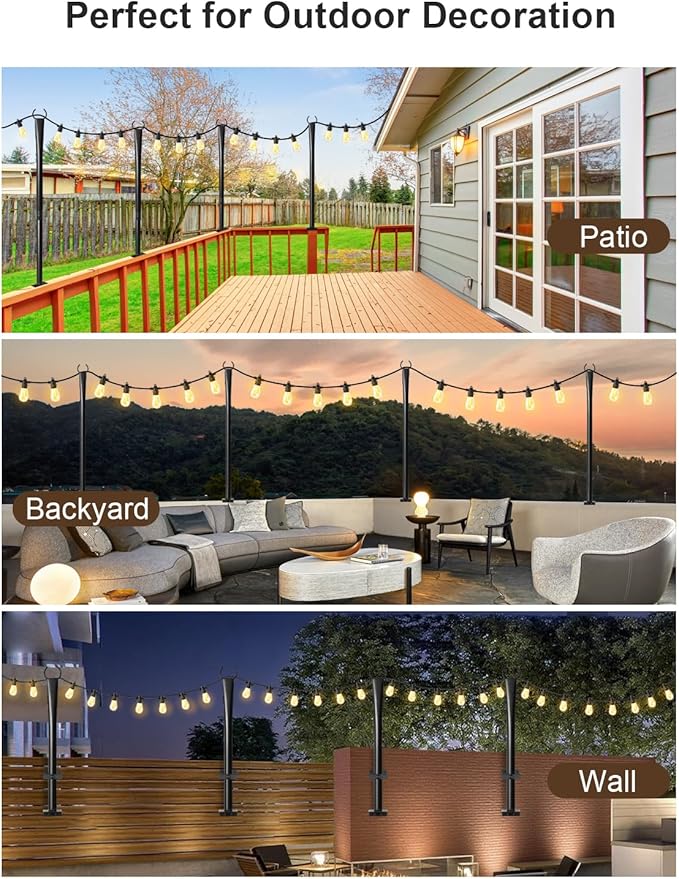 2 Pack String Light Poles for Deck, 5Ft Heavy-Duty Metal Deck Light Poles for Outside with Fixing Clips, Lighting Hanging Post Accessories for Patio Decor Garden Backyard Yard Fence Porch Decorations