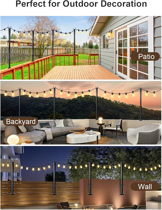 4 Pack String Light Poles for Deck, 5Ft Upgraded Heavy-Duty Metal Deck Light Poles for Outside with Fixing Clips, Lighting Hanging Post Accessories for Patio Decor Garden Backyard Yard Fence Porch