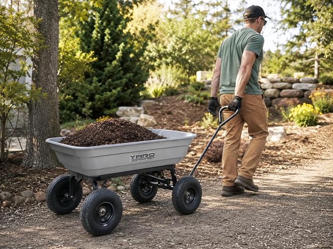 Yard Commander - 4 Cu.Ft. 600LB Poly Garden Cart Dump Wagon, Heavy Duty 4 Wheel Wheelbarrow, Quick Release 45 Degree Dumping, Yard Cart Dump Wagon with 10in All Terrain Wheels, Steel Frame