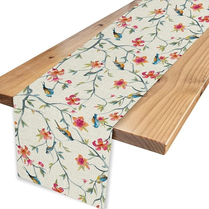 Floral Birds Branches Table Runner, Seasonal Watercolor Spring Flower Blossom Boho Chinese Coffee Table Center Decor for Family Kitchen and Living Room Country Table Decorations, 13" X 36"