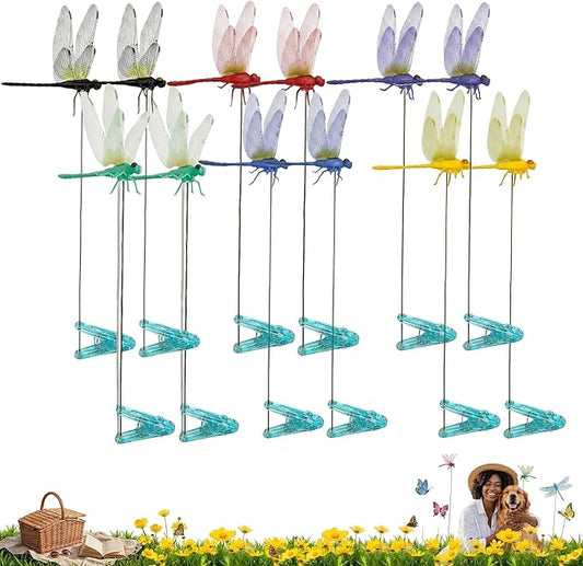 Jongdari Dragonfly Hat Clip Realistic Fake Dragonflies Clip-On Garden Outdoor Decor Stakes Plastic Dragon Fly Clips Plant Decorations for Pot (6 Colors, 12pcs)