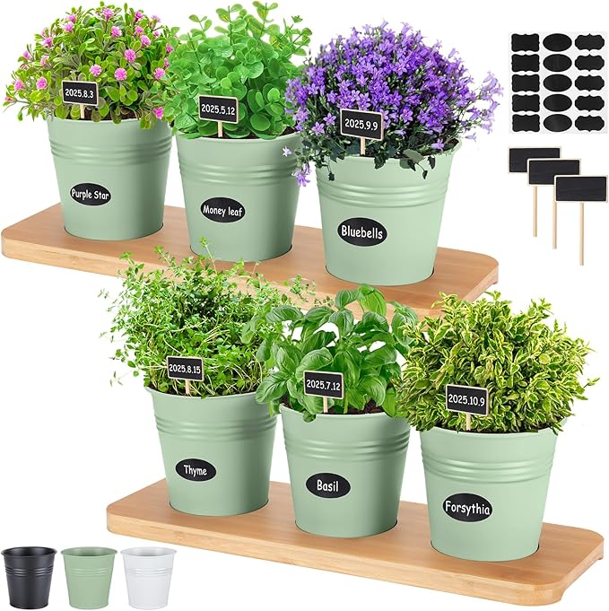 LemonRoad 6 Pcs Indoor Herb Planter Window Herb Pots for Kitchen with Drainage Hole and Bamboo Tray Farmhouse Metal Garden Planter Pot with DIY Label Mom Plant Gift(Sage Green,Round)