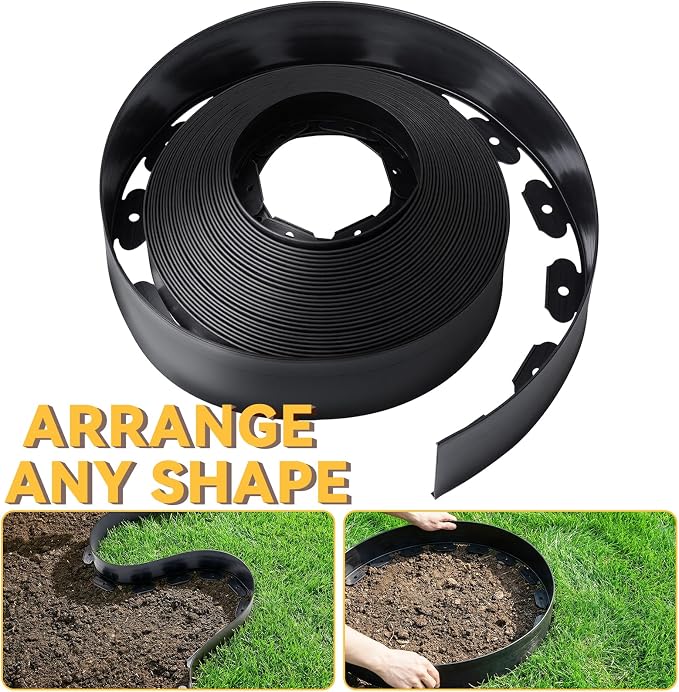 4 Inch Tall No Dig Landscape Edging, 100 FT Heavy Duty Plastic Garden Border Kit with 110 Metal Stakes, Durable All-Weather Flexible Barrier for Lawns, Flower Beds, Paver, Pathwa & Patio