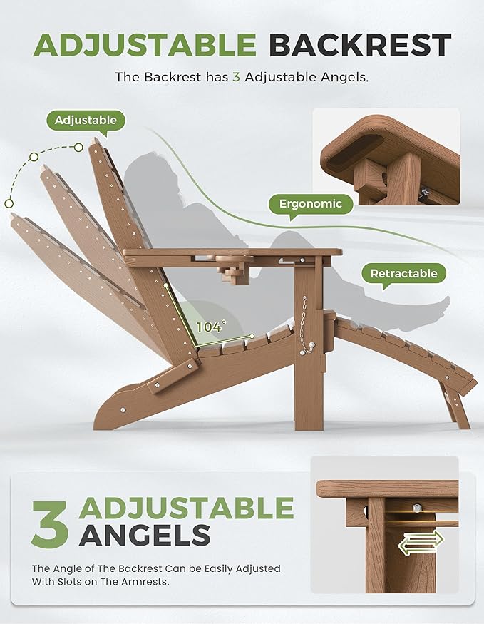 Ciokea Folding Adirondack Chair with Retractable Ottoman Fire Pit Patio Chair with Pull Out Foot Rest Weather Resistant Lawn Outdoor Lounge Chair with 2 Cup Holder (Teak)