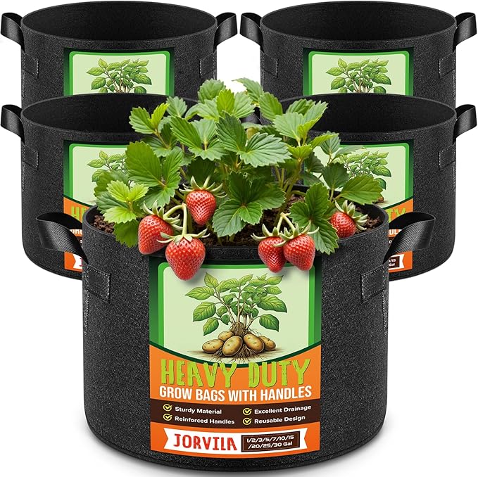 Jorvila 5 Pack 1 Gallon Grow Bags, Thickened Nonwoven Fabric Planter Pots with Handles, Heavy Duty 300G Garden Pots for Tomato, Potato and Vegetable