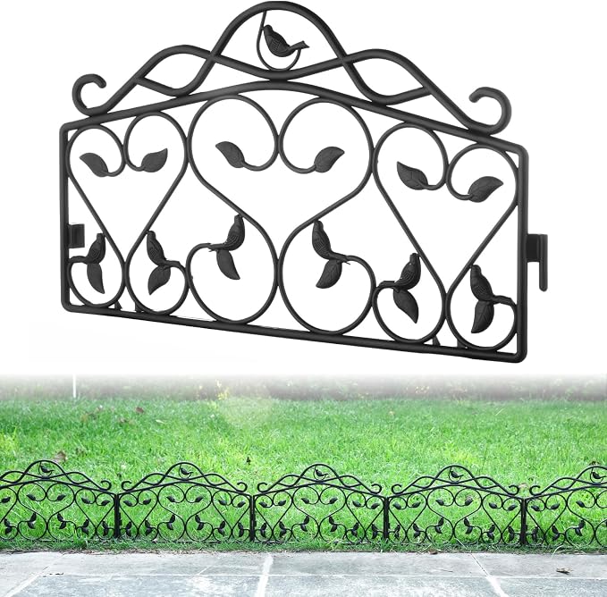 Evelyne Decorative Garden Border Plastic Edging – PP Plastic, Short Metal-Free Faux Wrought Iron Leaf & Bird Design, 8pcs Yard Landscaping Fence Liner Lawn Edge Barrier, 10ft Kit of Decorative Panels