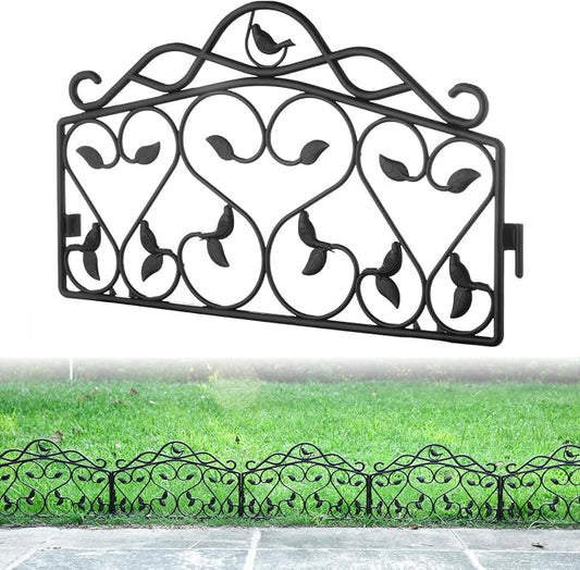 Evelyne Decorative Garden Border Plastic Edging – PP Plastic, Short Metal-Free Faux Wrought Iron Leaf & Bird Design, 8pcs Yard Landscaping Fence Liner Lawn Edge Barrier, 10ft Kit of Decorative Panels