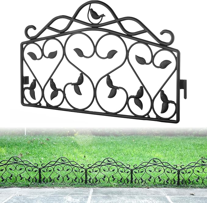 Evelyne Decorative Garden Border Plastic Edging – PP Plastic, Short Metal-Free Faux Wrought Iron Leaf & Bird Design, 16pcs Yard Landscaping Fence Liner Lawn Edge Barrier, 20ft Kit of Decorative Panels
