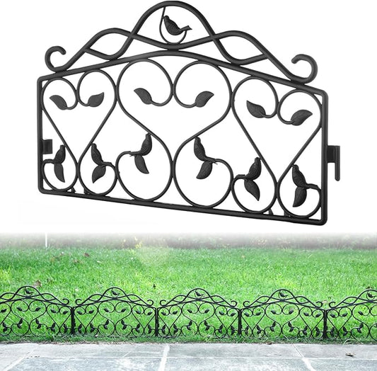 Evelyne Decorative Garden Border Plastic Edging – PP Plastic, Short Metal-Free Faux Wrought Iron Leaf & Bird Design, 16pcs Yard Landscaping Fence Liner Lawn Edge Barrier, 20ft Kit of Decorative Panels