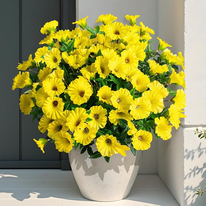 Yellow Artificial Morning Glory Flowers for Outdoor Planters, Premium UV Resistant Silk Faux Flowers for Porch, Hanging Basket & Window Box, Spring Garden Decor, No Pot, 13.3 Inch, 8 Bundles