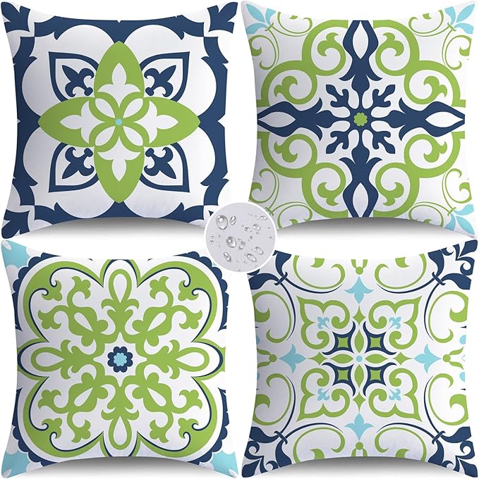 NIGHTWISH Outdoor Waterproof Pillow Covers 20x20 Set of 4 Green Boho Decorative Outdoor Throw Pillows Floral Cushion Cases for Patio Furniture Bench Couch Sunbrella