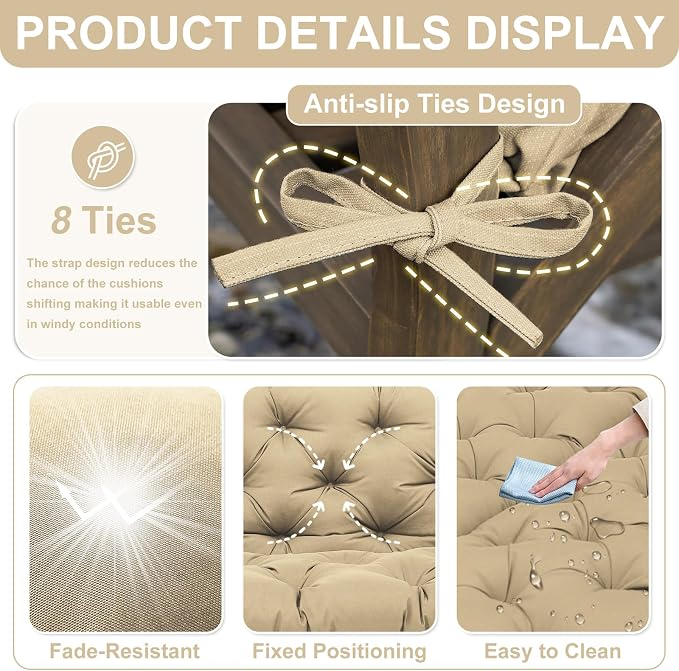 Porch Swing Cushions 48 inch Waterproof & Fade Resistant Thicken 5" Outdoor Swing Cushions 2 Seater Replacement with Backrest & Ties Patio Swing Cushions for Outdoor Furniture (Khaki)