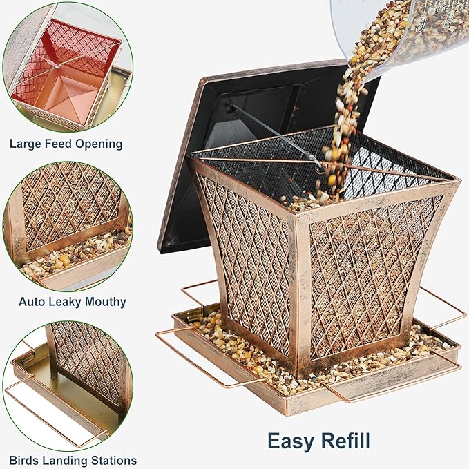MYITYARD Bird Feeder for Outdoors Hanging, 4 lbs Large Capacity Metal Wild Bird Feeders - Vintage Bronze Finish Rust-Resistant Birdfeeder for Garden Yard Balcony Decor, Easy Fill, Thickened