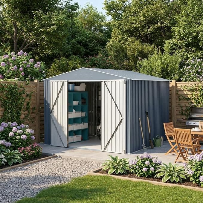 10x10 FT Outdoor Metal Storage Shed, Large Storage Sheds with Sturdy Frame Structure, Metal Garden Tool Shed with Lockable Door for Garden, Lawn, Backyard, Gray