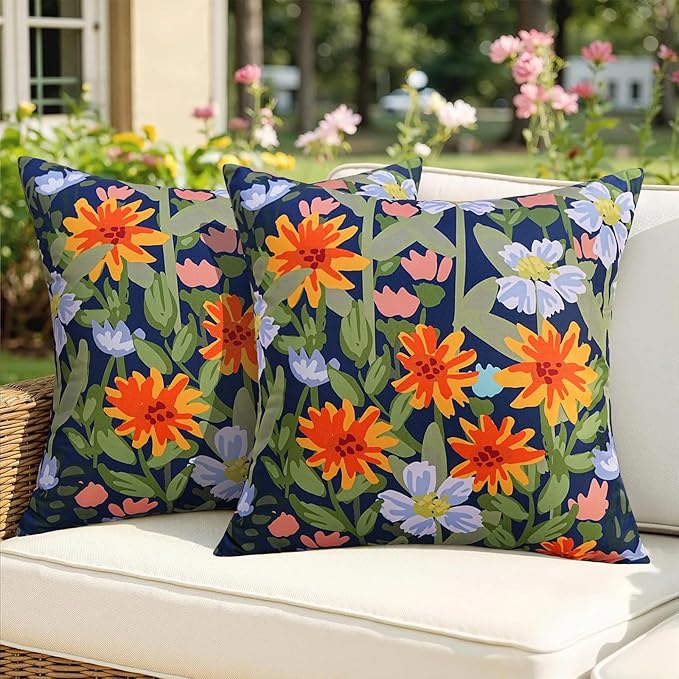 Pyonic Spring Summer Floral Outdoor Pillow Covers 16x16 inch Waterproof Throw Pillow Covers Outdoor Pillows for Patio Furniture Garden Bench Porch,Navy Blue