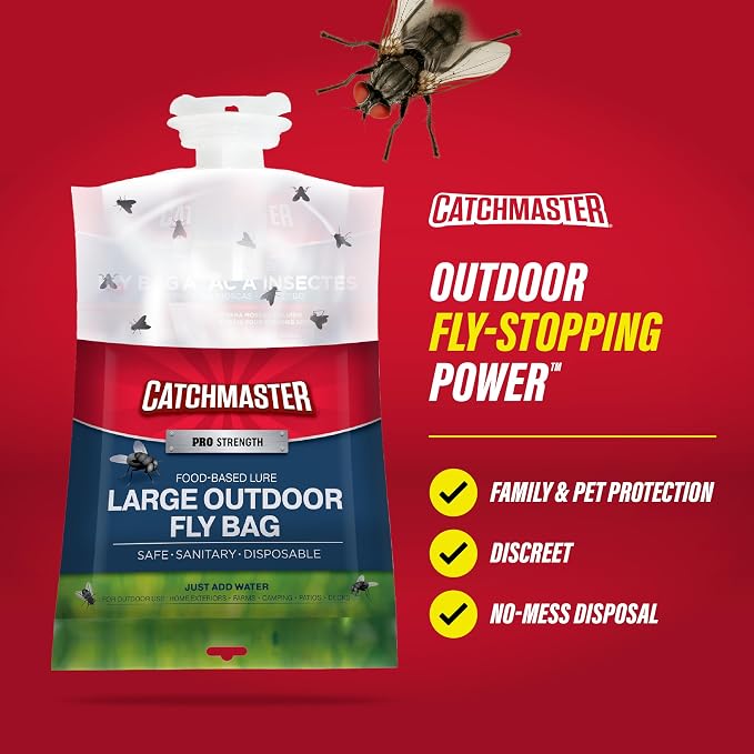 Catchmaster Disposable Outdoor Fly Trap, 4 Hanging Bags with Bait | Catches house, bottle & blowflies, Holds up to 30,000 flies, Food-based lure, no spray needed, Covers your whole yard