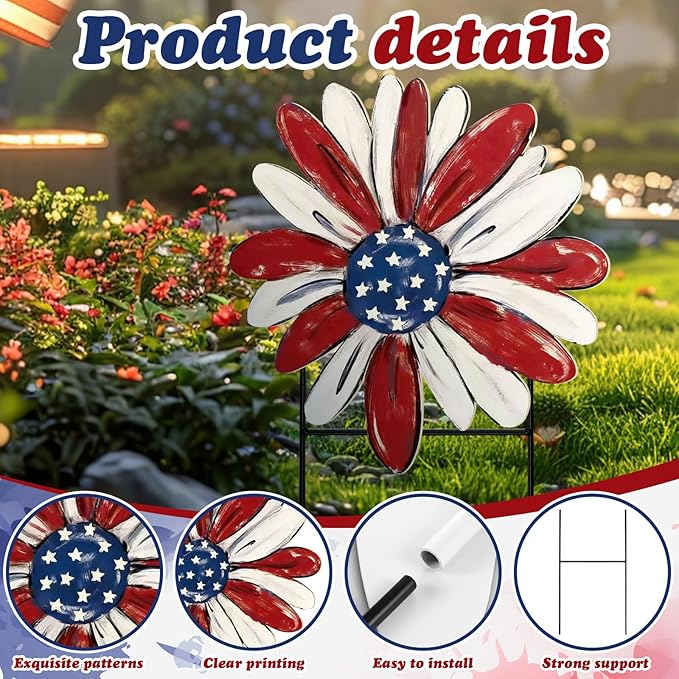 Weysat 4th of July Decoration Outdoor Metal 250th Anniversary Yard Sign Freedom Patriotic America Daisy Garden Stakes Independence Day Lawn Porch Decor for Home Pathway Front Door Yard Patio Decor