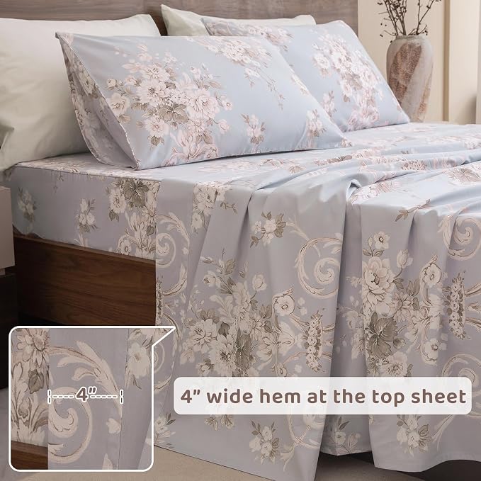 QSH Floral King Size Sheet Sets - 100% Egyptian Cotton Floral Bedding Sheets Blue Vintage Paisley Flower Pattern Printed Bedding King Size Bed Sheets 17.5" Extra Deep Pocket 4pcs