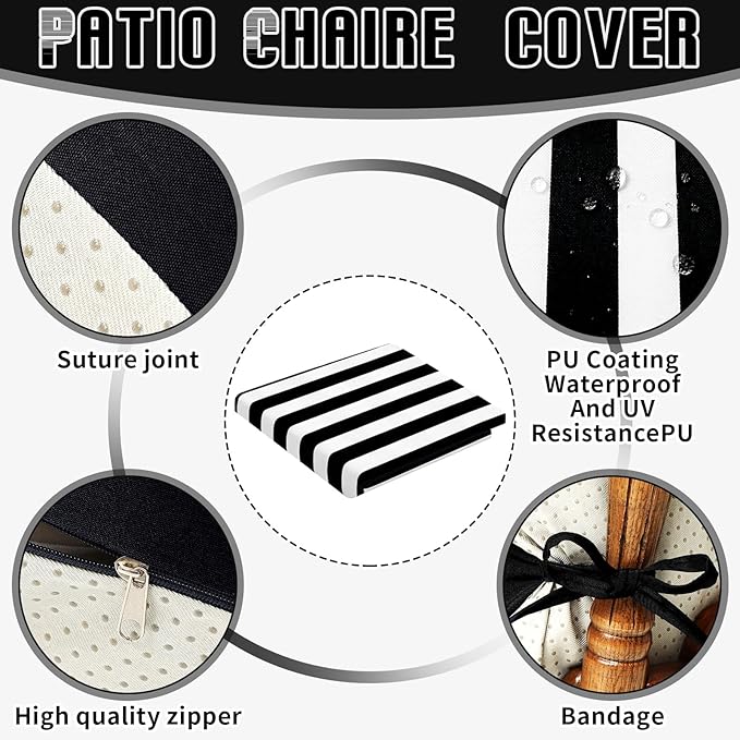 Tudomro 4 Pcs Outdoor High Back Chair Cushion Covers (Not Includes Cushion) Waterproof Patio Replacement Rocking Chair Slipcover Seat Pad Cover with Tie for Furniture (Black and White,44'' X 21'')