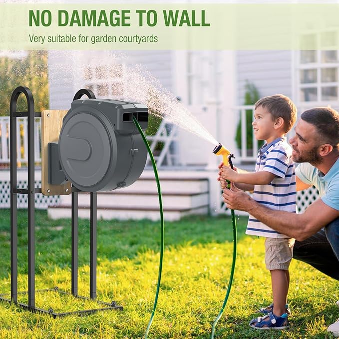 Retractable Hose Reel Stand, No Wall Damaged - Hose Holder, Freestanding Garden Hose Holder for Outside, Fit for Most Garden Hose Reel with Mounting Brackets