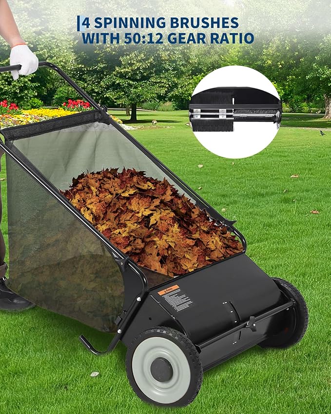 Garvee 26 in Push Lawn Sweeper, 7 Cu. Ft. Hopper Capacity Grass Sweeper, Manual Push Yard Sweeper with Height Adjustment & 4 Fast Spinning Brushes for Grass Clippings, Leaves & Debris, Black
