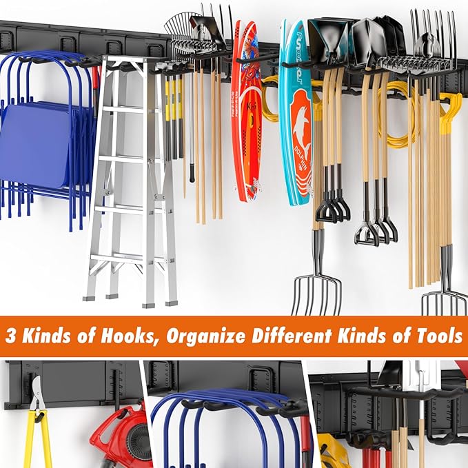Housolution Heavy Duty Garage Wall Organizer 64 Inch - 18Pack Carries 570 lbs, Garage Tool Organizer Storage System, 4 Rails with 12 Adjustable Hooks, Garden Tool Organizer for Warehouse, Workshop
