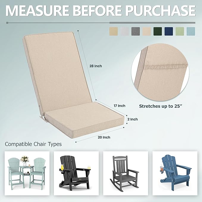 Adirondack Chair Cushions Set of 4 - Removable Covers, Water-Repellent & Fade-Resistant Faux Linen, Securing Straps, Non-Slip Bottom, Fit for Most Outdoor Adirondack & Rocking Chairs - Beige