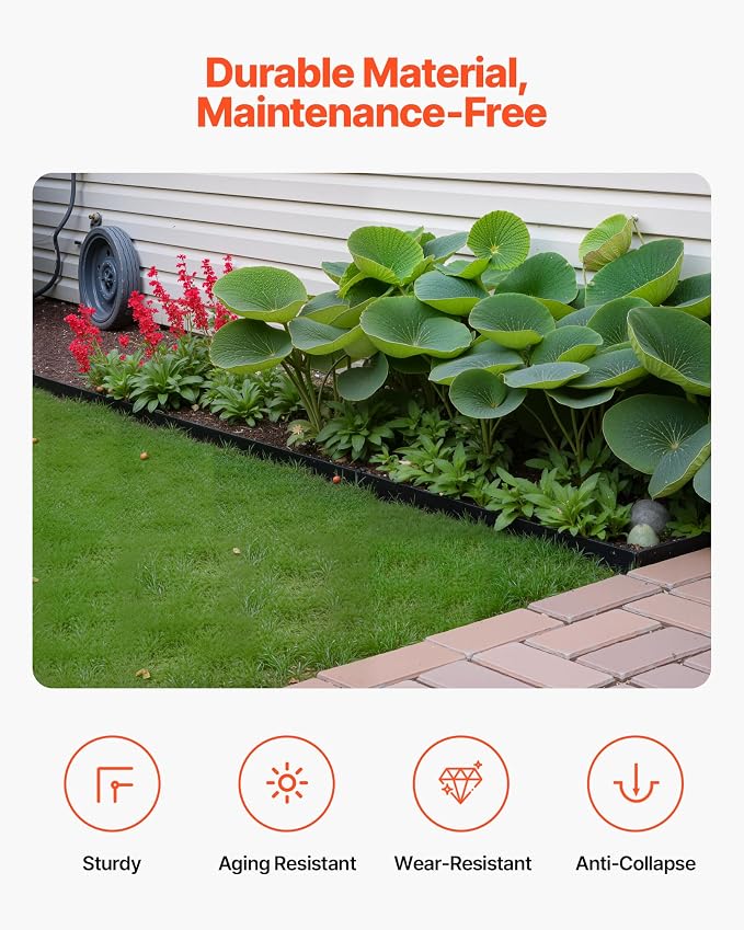 VEVOR Landscape Edging Border, 10Pcs 6 ft x 1.6 in Plastic Garden Edging with 60 Spikes, Sun-Resistant Flowerbed Borders, DIY Layout, No Dig Garden Edger Border Divider for Lawn Edgings for Yard