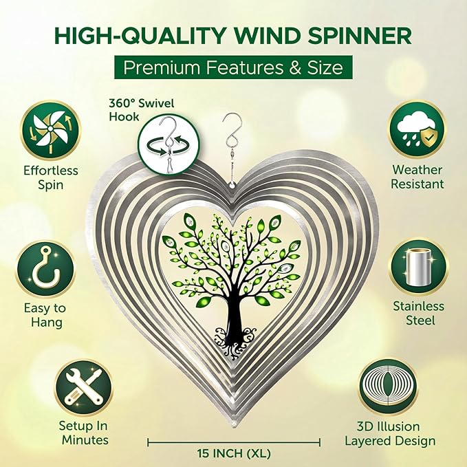 ISEO XL Silver Heart 15” Wind Spinner for Yard and Garden with Crystals, Hanging Outdoor Decor, Yard Art, Porch and Patio Decorations, Metal Wind Spinners Outdoor, Weather Resistant,