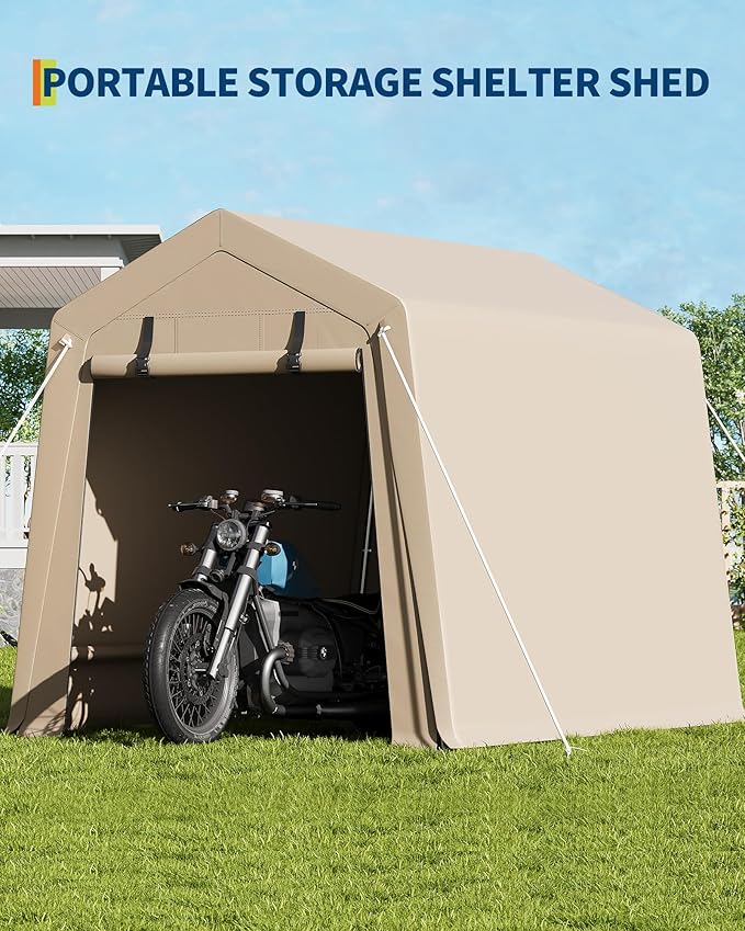 GarveeLife Portable Outdoor Storage Shed with Roll-Up Zipper Door & Vent, 240G Heavy-Duty Shelter Waterproof PE Tarp, UV-Resistant Carport for Motorcycle, Firewood, Tools (Khaki, 6'x8')
