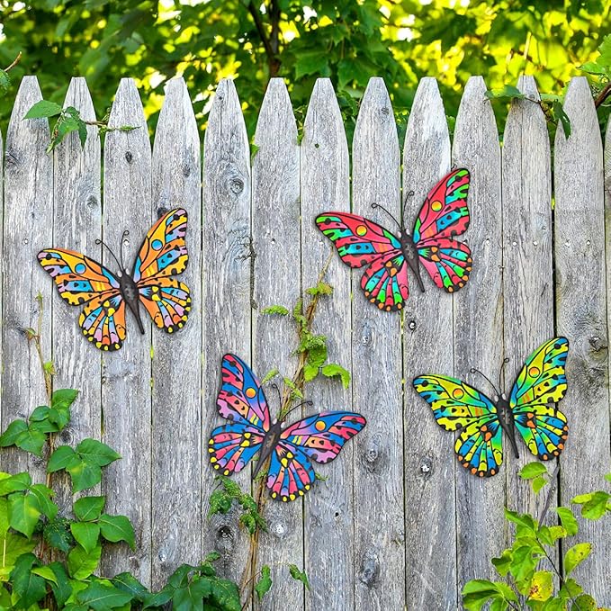 4 Pack Outdoor Butterfly Wall Decor - 9.6 inches Metal Butterfly Wall Art Decorartion for Yard Fence Garden Patio Balcony